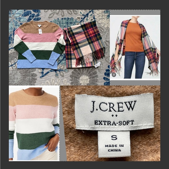 J. Crew Sweaters - J.Crew jcrew Stripe Sweater Plaid Cape Scarf Wrap fringe SMALL Womens NEW shirt
